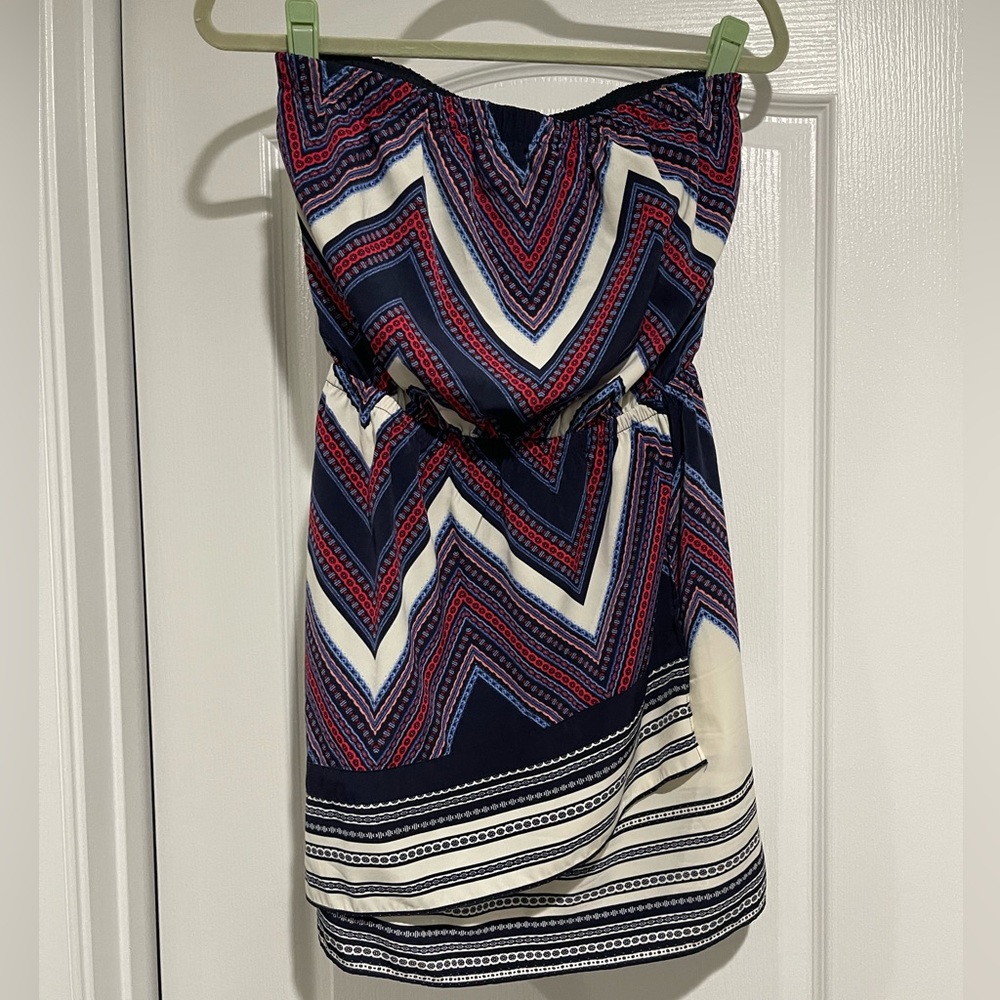 Express faux wrap strapless dress